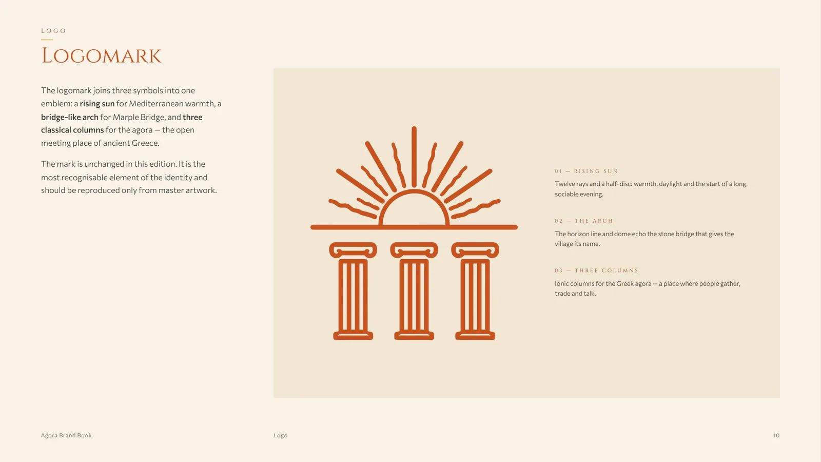 Logomark: a rising sun over three columns